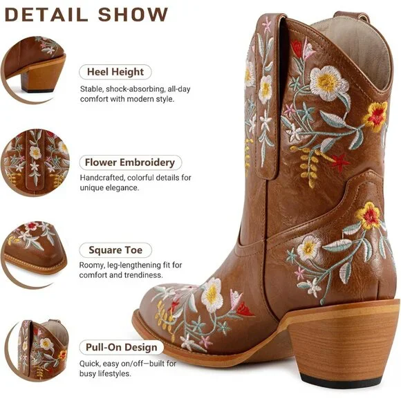 Women's Brown Flower Embroidered Ankle Cowgirl Boots Floral Snip Square Toe - Picture 2 of 6